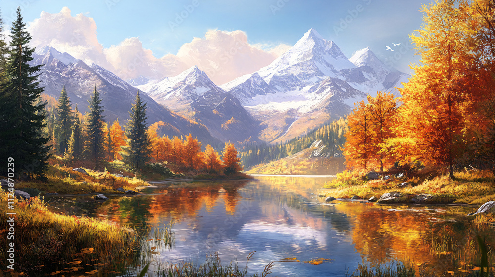 Autumnal tranquility in the Alps, with still mountain lakes reflecting the colorful foliage of golden trees and snow-capped peaks in the distance. Autumnal tranquility in the Alps, with still mountain lakes reflecting the colorful foliage of golden trees and snow-capped peaks in the distance.