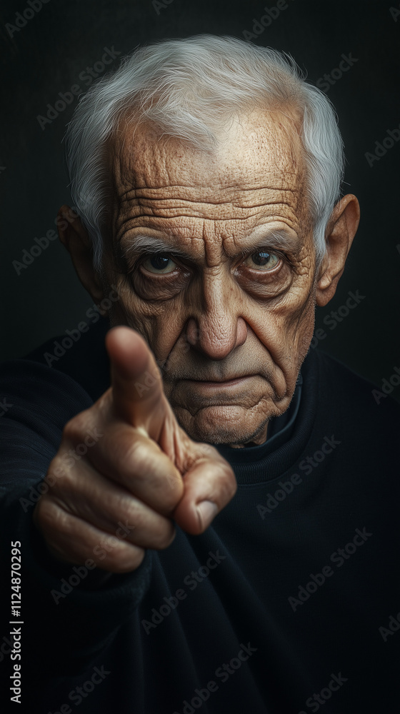 A portrait of an old man with a serious expression, pointing with a finger A portrait of an old man with a serious expression, pointing with a finger