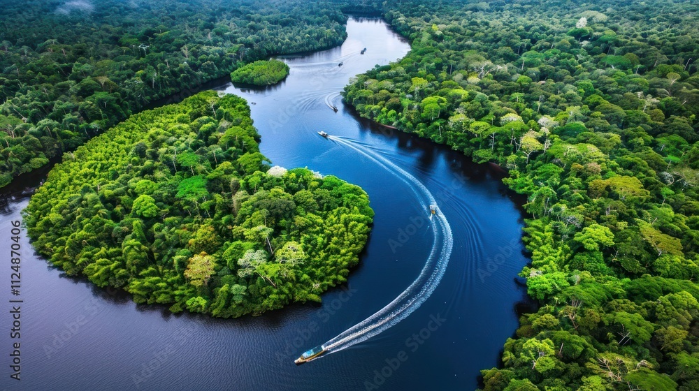 Aerial view of a winding river surrounded by lush green forests and islands. Aerial view of a winding river surrounded by lush green forests and islands.