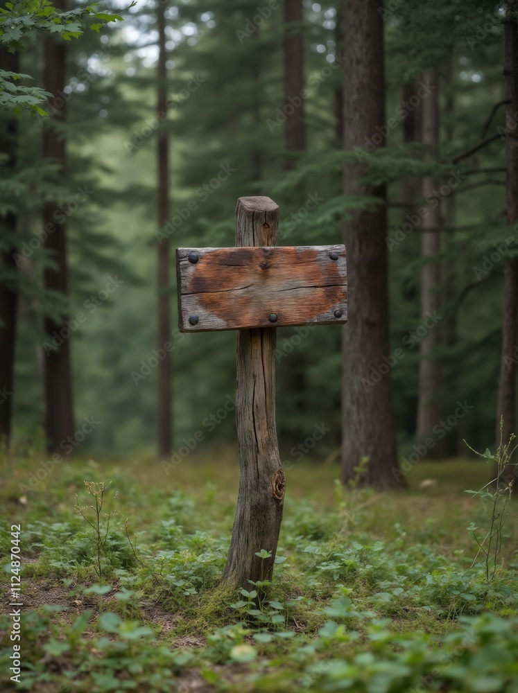 an empty sign board on the background of a forest, made of wood, old and weathered plaque an empty sign board on the background of a forest, made of wood, old and weathered plaque