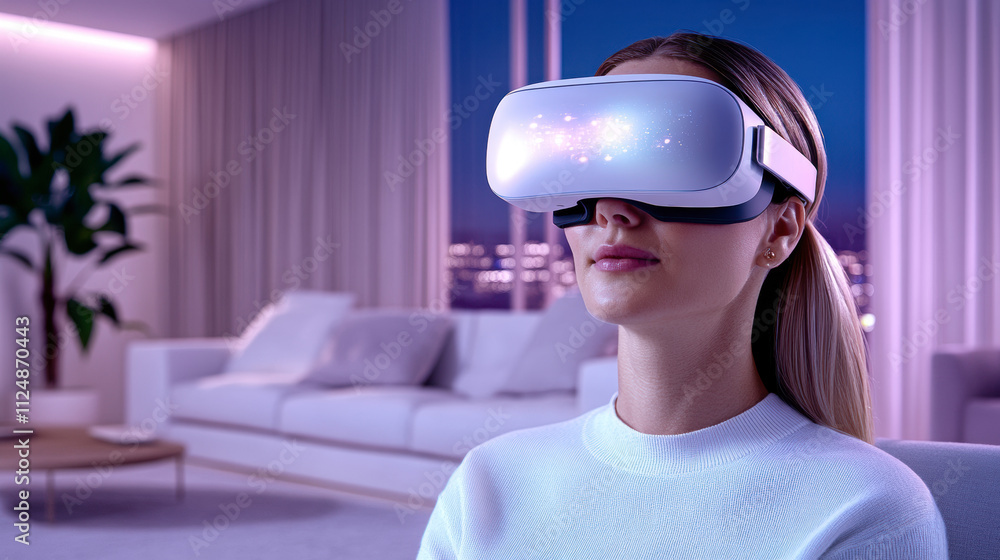 Woman Immerses Herself in Virtual Reality in a Modern Living Room During Evening Hours, Exploring Digital Landscapes and Experiences With Advanced Technology