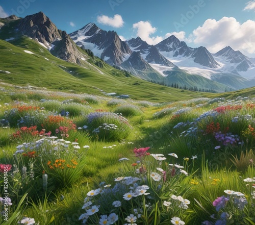 Lush green mountain meadow dotted with wildflowers against snowy peaks, alpine, peaks, mountain, wildflowers