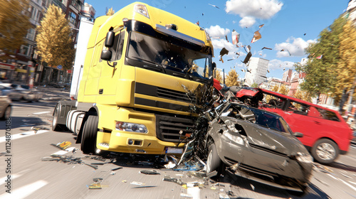 Major Traffic Collision Involving a Yellow Truck and a Gray Car on a Busy City Street During Daylight Hours