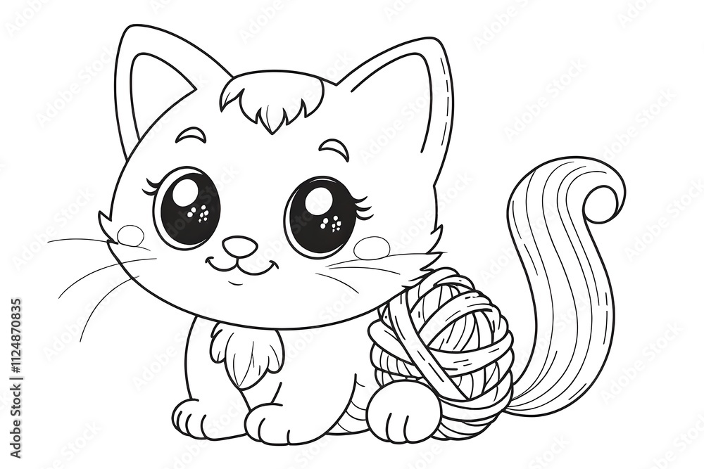 Cat with Adorable Expression and Yarn Ball, children coloring book cartoon , Digital illustration.
Cat with Adorable Expression and Yarn Ball, children coloring book cartoon , Digital illustration.
