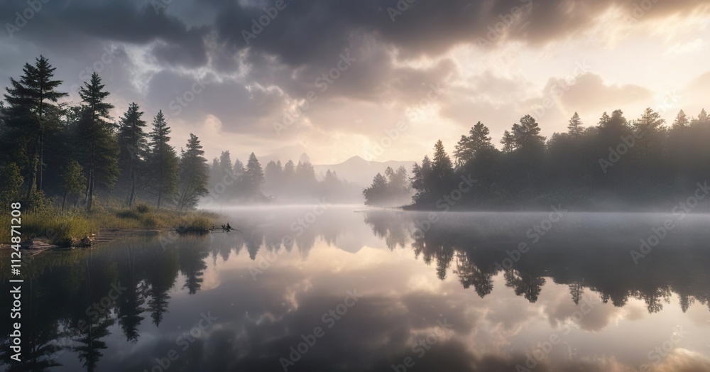 Morning fog rolling across a serene lake with wispy clouds and lightning in the distance, calm waters, clouds, peaceful landscape Morning fog rolling across a serene lake with wispy clouds and lightning in the distance, calm waters, clouds, peaceful landscape