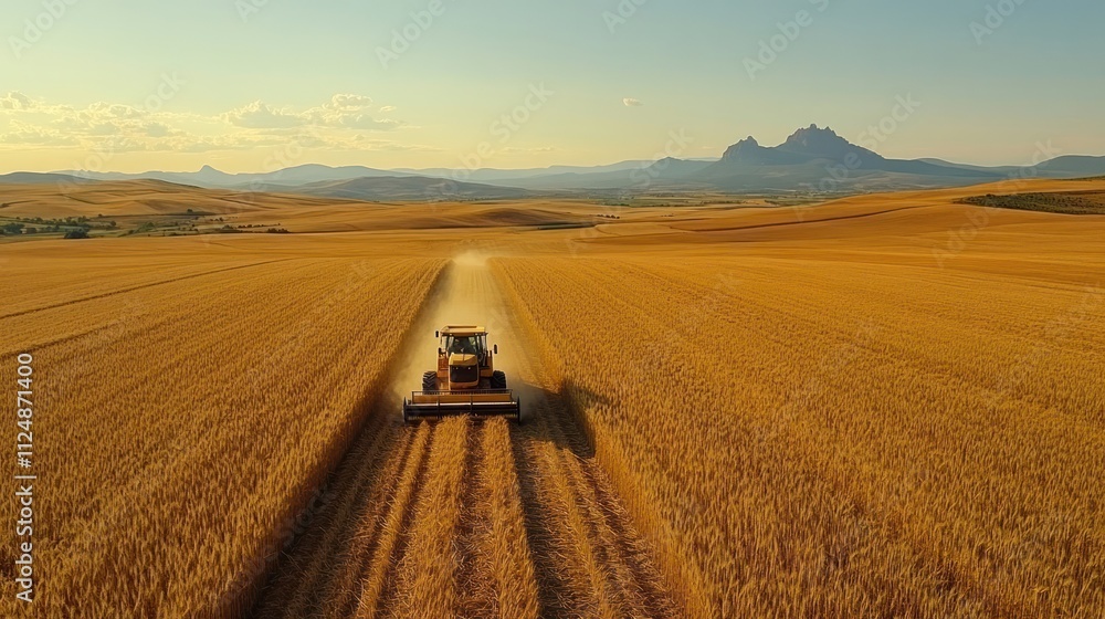 Fototapeta premium Golden Harvest: Tractor Harvesting Wheat in a Vast Field
