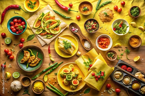 Captivating Food Photography Featuring Delicious Dishes on Old Yellow Paper with Textures and Natural Lighting for a Vintage Culinary Experience