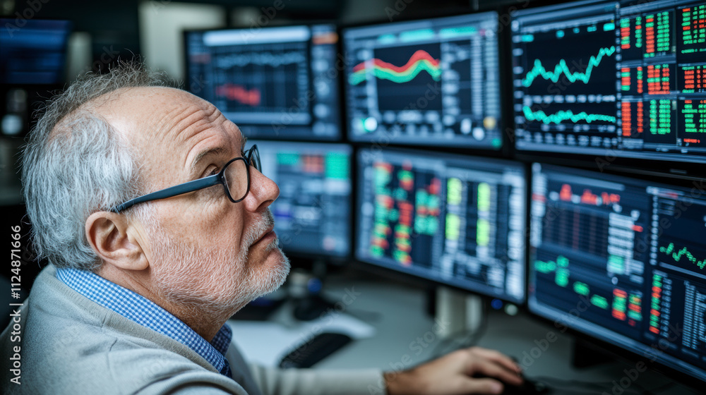 Investor Analyzes Financial Market Trends Using Multiple Screens Filled With Stock Data and Graphs in a Modern Trading Environment During Daytime Hours Investor Analyzes Financial Market Trends Using Multiple Screens Filled With Stock Data and Graphs in a Modern Trading Environment During Daytime Hours