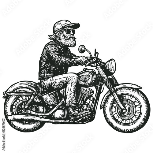 Bearded biker on a retro motorcycle, engraving style, vector illustration.