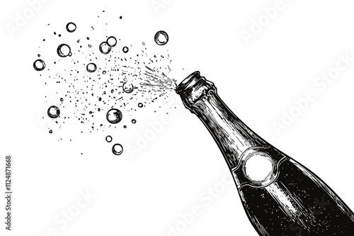Champagne bottle with exploding drink in a hand drawn illustration style