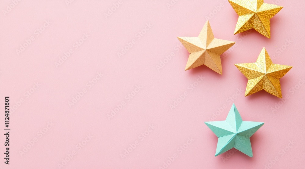 Obraz premium Gold and pastel paper stars on a pink background with copy space for text