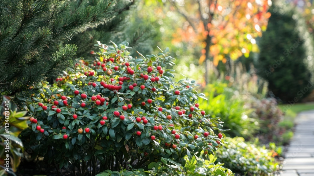 Autumnal Garden Path: Vibrant Red Berries and Lush Greenery Autumnal Garden Path: Vibrant Red Berries and Lush Greenery