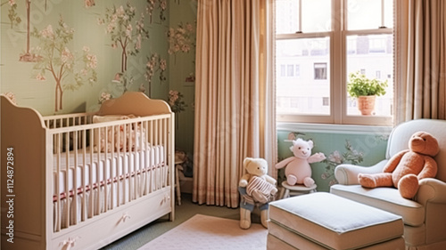 Nursery decor, pastel interior design and children home decor, baby room crib bed and country furniture, English countryside house style interiors