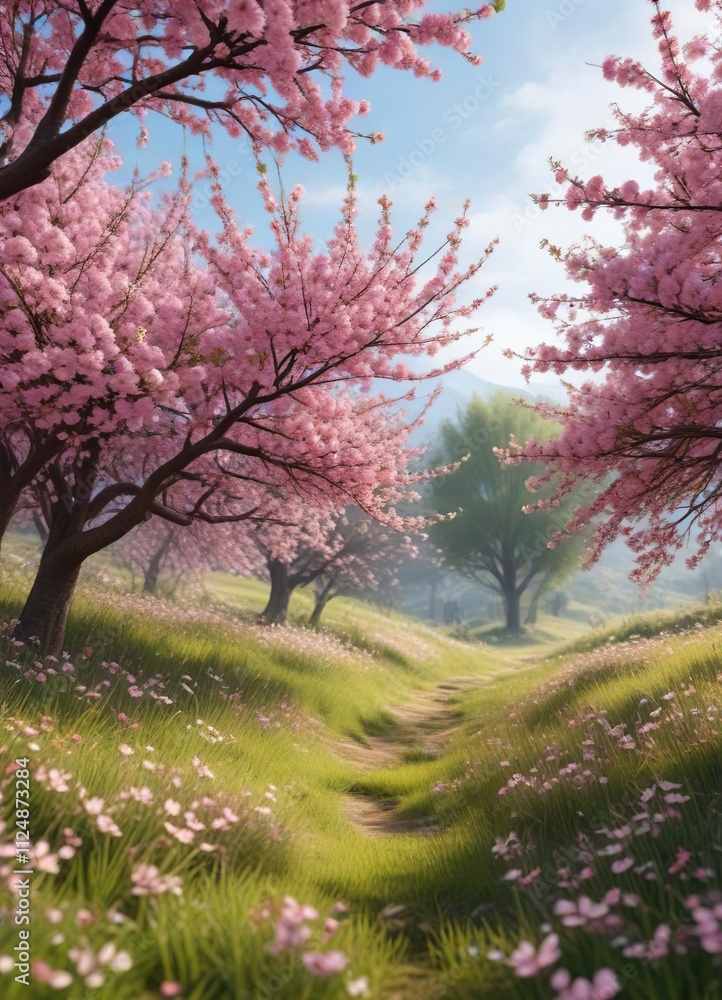 Pink cherry blossoms fall from the branches of blooming trees amidst a carpet of soft grass and wildflowers, landscape, blossoms, flowers Pink cherry blossoms fall from the branches of blooming trees amidst a carpet of soft grass and wildflowers, landscape, blossoms, flowers