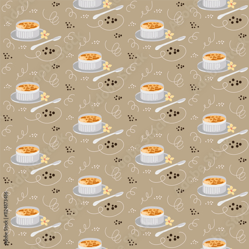 Vector seamless pattern, hand drawn flat creme brulee, french dessert on a plate with spoon, symbol of France, traditional cuisine.
