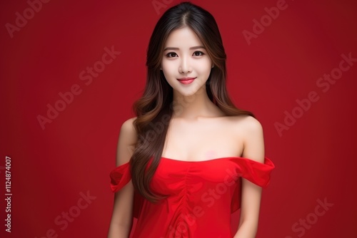 Confident, beautiful asian woman in red dress with long brown hair on red background