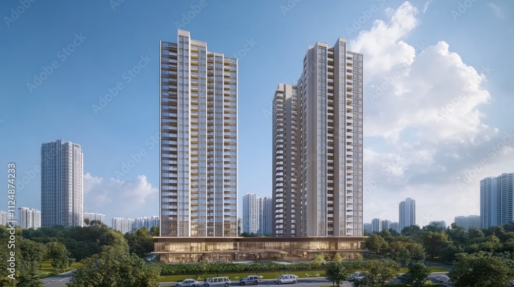 Two modern high-rise residential buildings with retail space at ground level, surrounded by greenery and other buildings under a partly cloudy sky. Two modern high-rise residential buildings with retail space at ground level, surrounded by greenery and other buildings under a partly cloudy sky.
