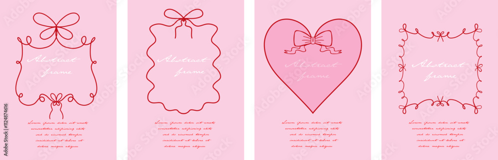 Quirky trendy Frame, Hand Drawn poster set red Borders with bows for Wedding Invitation, Whimsical frames for birthday card, Squiggly and Wavy Borders. Minimalist line art Quirky trendy Frame, Hand Drawn poster set red Borders with bows for Wedding Invitation, Whimsical frames for birthday card, Squiggly and Wavy Borders. Minimalist line art