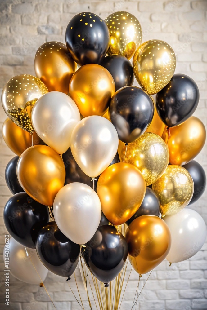 Stylish balloon arrangement with a mix of gold, black, and white. Premium design for birthday celebration background. empty space Stylish balloon arrangement with a mix of gold, black, and white. Premium design for birthday celebration background. empty space