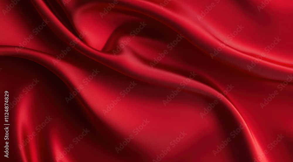 Obraz premium Red gift box, top view, silk fabric, red background, minimalist style