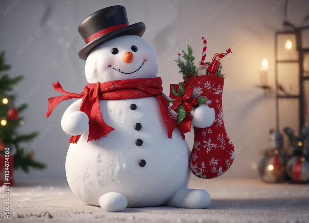 Snowman holding a Christmas stocking with a festive ribbon, seasonal icon, christmas gift Snowman holding a Christmas stocking with a festive ribbon, seasonal icon, christmas gift