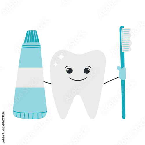 Happy tooth icon. Cute teeth characters with toothpaste and toothbrush