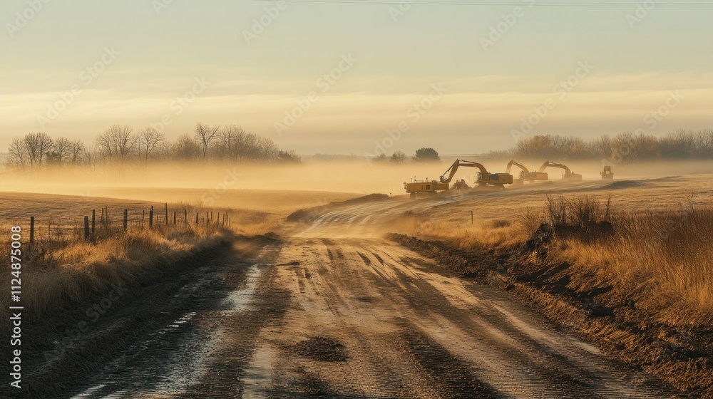 Obraz premium A long stretch of rural road partially dug up, a row of yellow excavators in the distance, dust hanging in the warm afternoon air