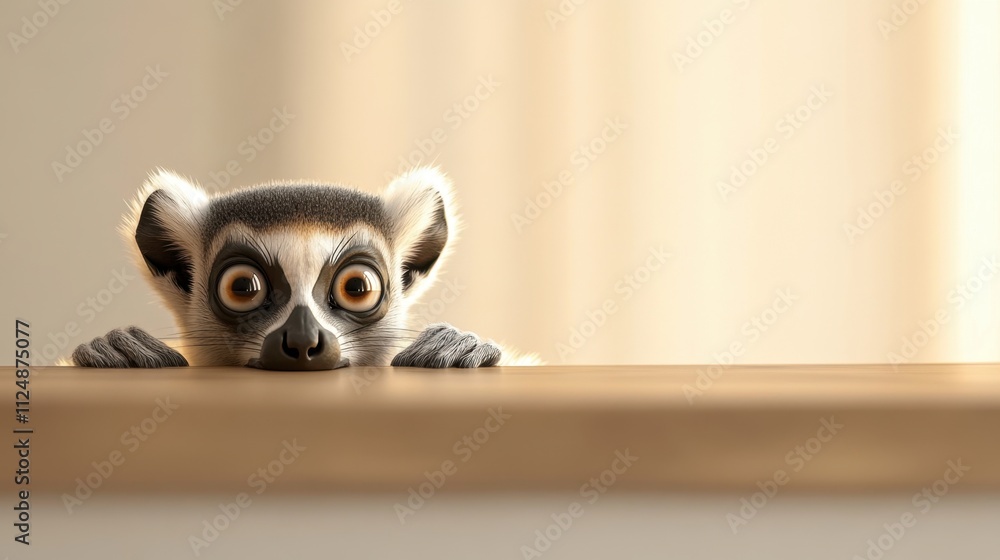 A playful lemur peers over the edge of a wooden surface, showcasing its large eyes and inquisitive expression in a softly lit indoor environment. Generative AI A playful lemur peers over the edge of a wooden surface, showcasing its large eyes and inquisitive expression in a softly lit indoor environment. Generative AI
