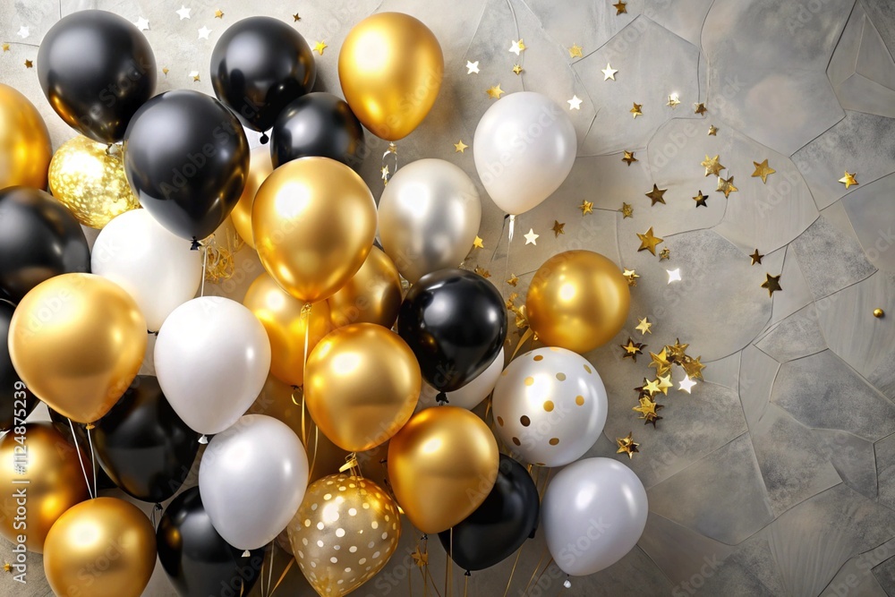Stylish balloon arrangement with a mix of gold, black, and white. Premium design for birthday celebration background. empty space Stylish balloon arrangement with a mix of gold, black, and white. Premium design for birthday celebration background. empty space
