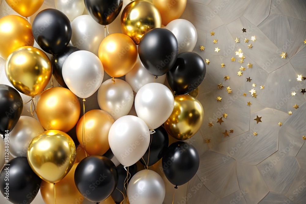 Stylish balloon arrangement with a mix of gold, black, and white. Premium design for birthday celebration background. empty space Stylish balloon arrangement with a mix of gold, black, and white. Premium design for birthday celebration background. empty space