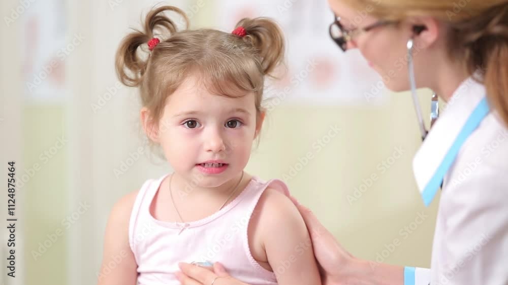 A female doctor in a white lab coat examining a small girl by listening to her breathing with a stethoscope in a medical office during flu season. A female doctor in a white lab coat examining a small girl by listening to her breathing with a stethoscope in a medical office during flu season.