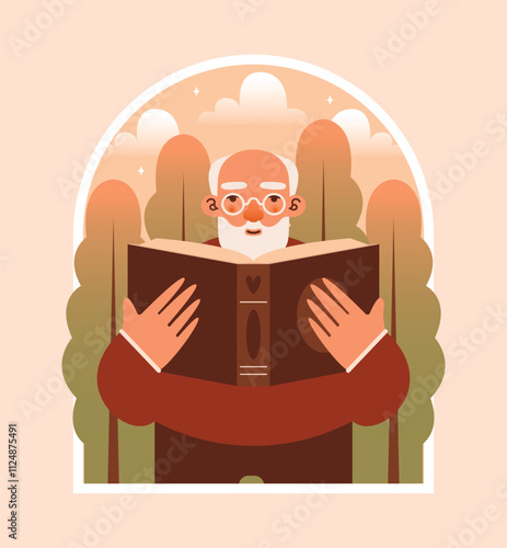 Old man in eyeglasses with open book in hands. Vector illustration of grandfather character with forest on background. International Book Day. Happy old age. Flat Design. Badge in window frame.