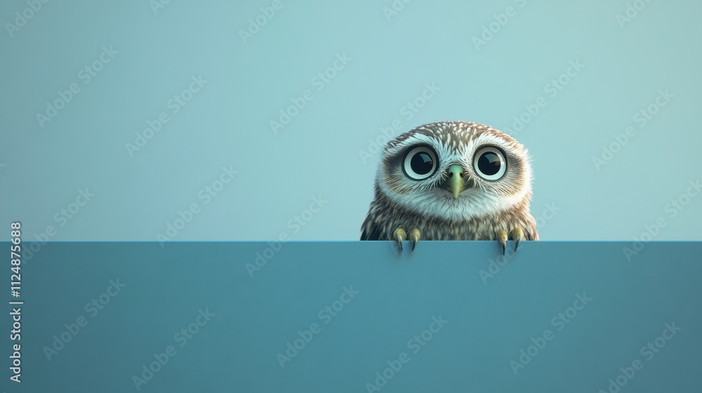 Fototapeta premium An adorable owl is peeking over a blue ledge, its large eyes gazing curiously into the distance with a calm blue background suggesting daylight. Generative AI