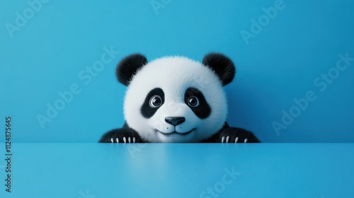 A playful panda looks curiously over a smooth blue surface, showcasing its friendly demeanor. The bright colors create a cheerful atmosphere. Generative AI photo