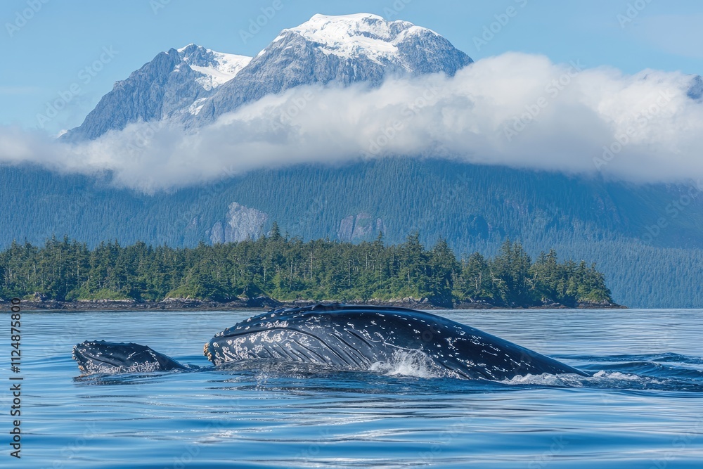 Obraz premium Humpback whales swimming in alaskan waters with mountain view