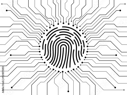 Fingerprint scanning on circuit board. Biometrics identification system. Technology concept. Vector illustration