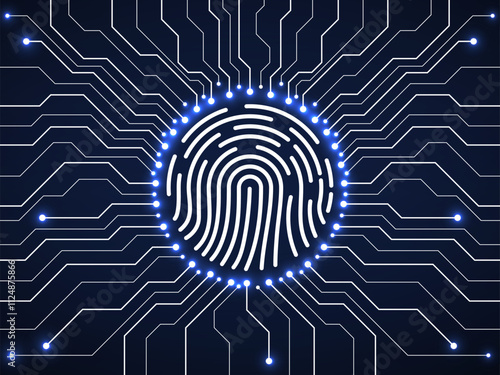 Fingerprint scanning on circuit board. Biometrics identification system. Technology concept. Vector illustration