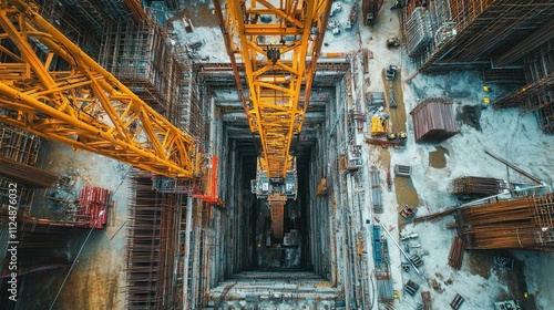 Wallpaper Mural A tower cranes perspective, looking down at a construction sites organized chaos: neatly stacked materials, machinery, and emerging structure Torontodigital.ca