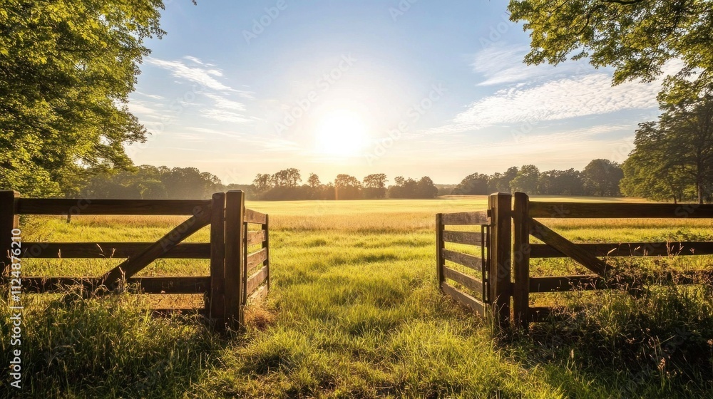 Golden Hour at the Farm Gate: A Serene Countryside Scene Golden Hour at the Farm Gate: A Serene Countryside Scene
