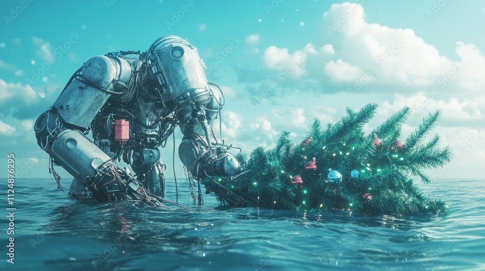 Robots coordinating efforts to free a brigh Robots carefully cleaning an artificial Christmas Robotic arms lifting a Christmas tree from Robots coordinating efforts to free a brigh Robots carefully cleaning an artificial Christmas Robotic arms lifting a Christmas tree from