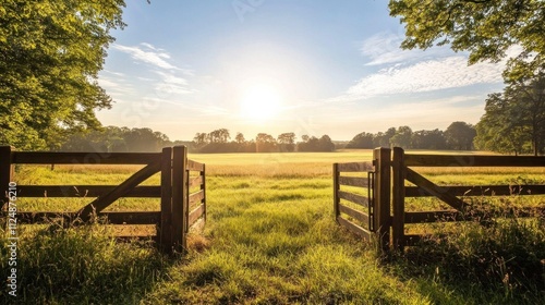 Golden Hour at the Farm Gate: A Serene Countryside Scene