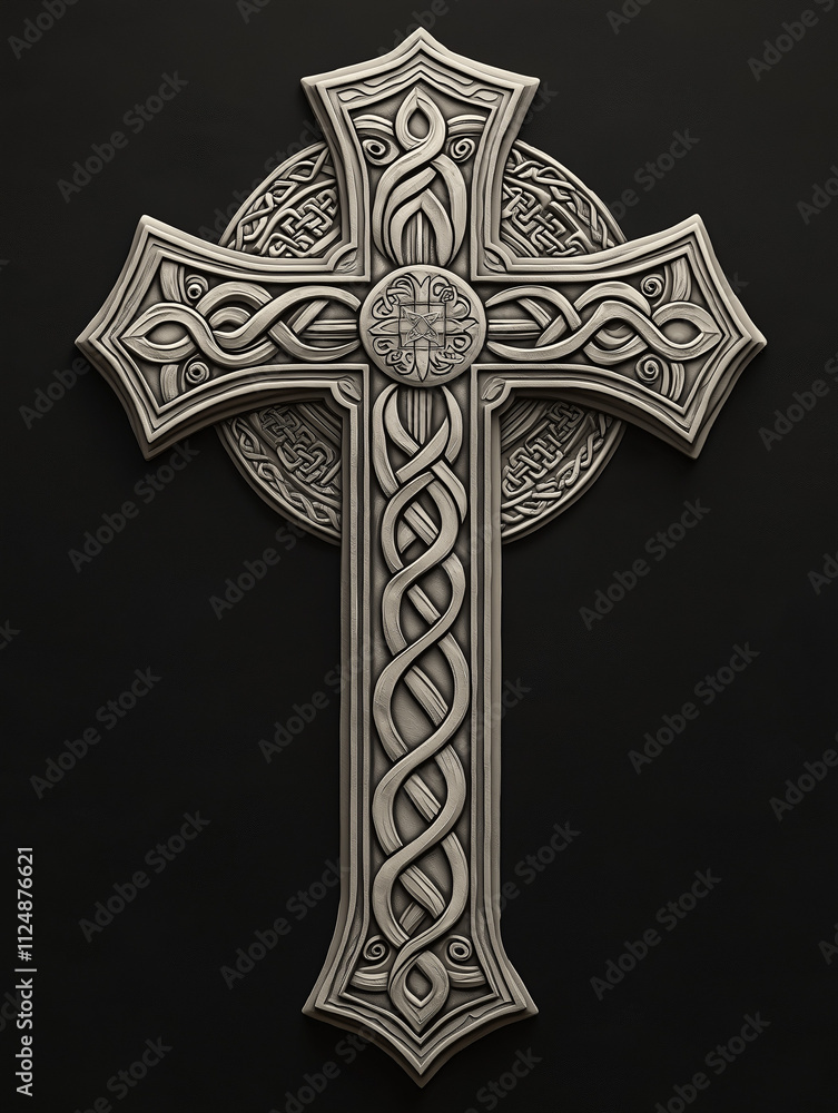 Silver Celtic cross with knotwork on dark background. Silver Celtic cross with knotwork on dark background.