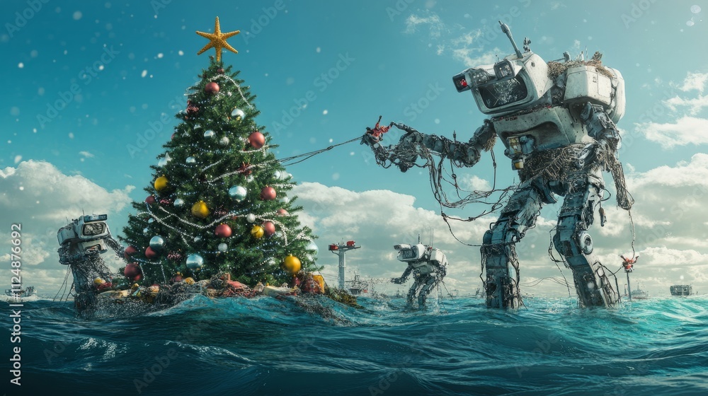 Fototapeta premium Robots coordinating efforts to free a brigh Robots carefully cleaning an artificial Christmas Robotic arms lifting a Christmas tree from