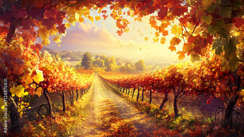 Naklejka premium A beautiful autumn vineyard with rows of grapevines and a winding dirt path leading through golden-leaved trees