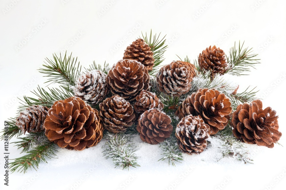 Pine cones and pine branches covered with snow on white background Pine cones and pine branches covered with snow on white background