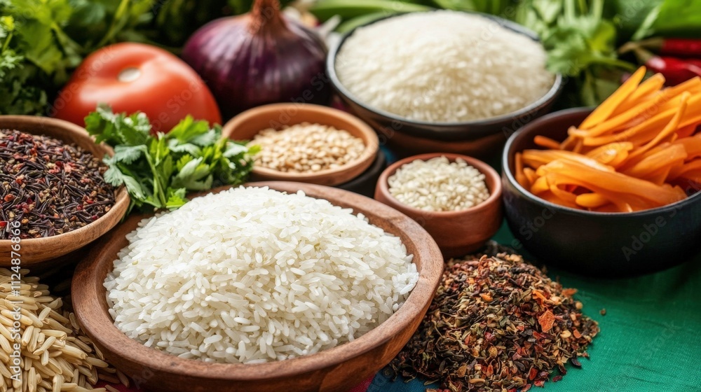 Vibrant Flat Lay of Essential Thai Culinary Ingredients Ready for Cooking Delicious Dishes Vibrant Flat Lay of Essential Thai Culinary Ingredients Ready for Cooking Delicious Dishes