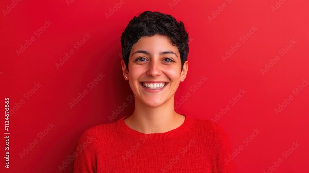 Joyful young woman smiling against a vibrant red background in casual wear Joyful young woman smiling against a vibrant red background in casual wear