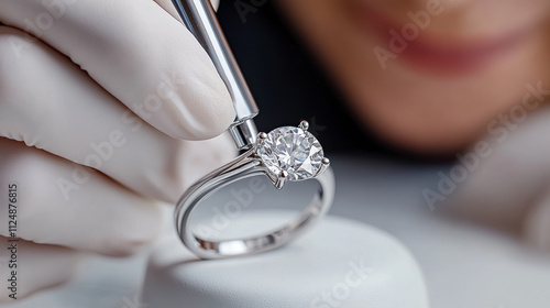 Expert Jeweler Inspects a Brilliant Diamond Engagement Ring During a Detailed Evaluation in a Well-Lit Workshop Environment
