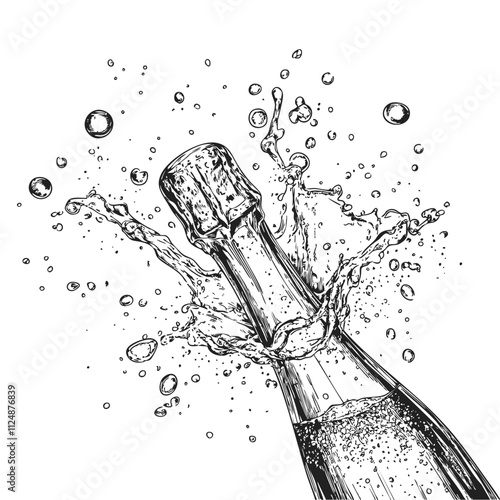 Champagne bottle with exploding drink in a hand drawn illustration style