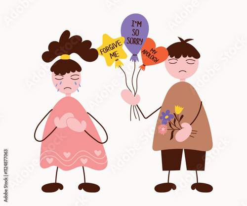 Young man asking for forgiveness from girlfriend with bouquet of flowers and balloons with Apologies